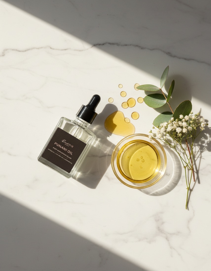 Punani Oil flat-lay on marble vanity
