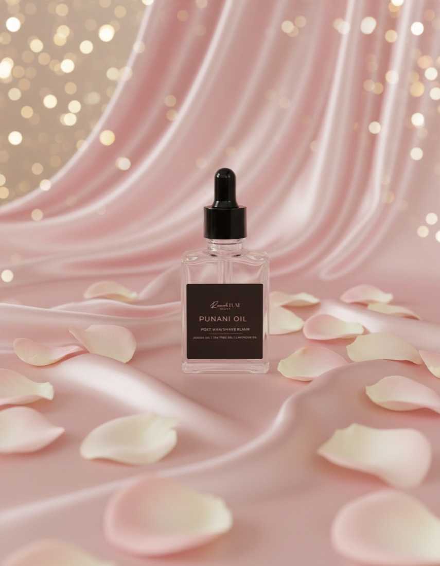 Punani Oil on blush silk with rose petals
